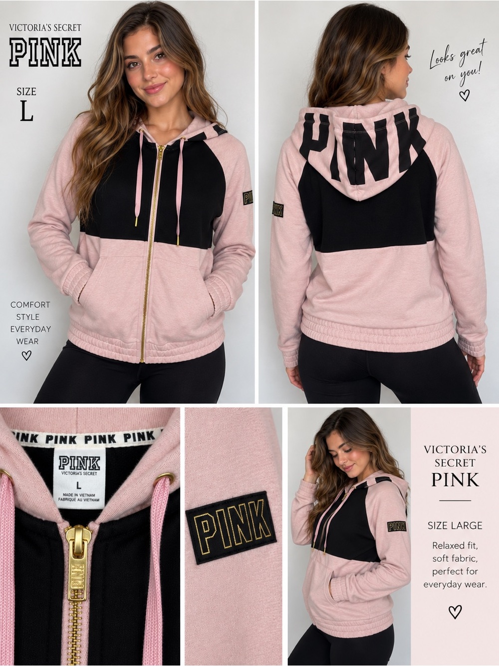 Victoria’s Secret PINK Women’s Large Pink Black Colorblock Full Zip Hoodie